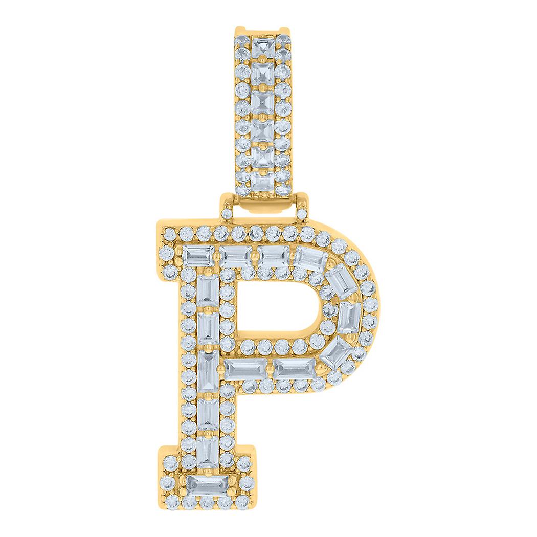 925 Sterling Silver Yellow tone Unisex Cubic Zirconia Letter Name Personalized Monogram Initial P Alphabet Charm Pendant