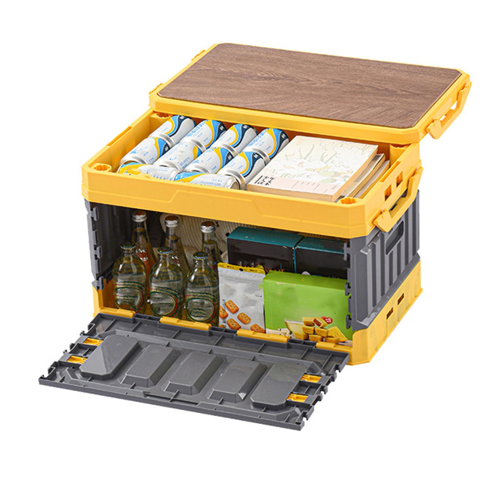 Camping Box Foldable Stackable Large Capacity 3 Layer Wood Cover Plastic Storage Bin 95L Yellow Gray 