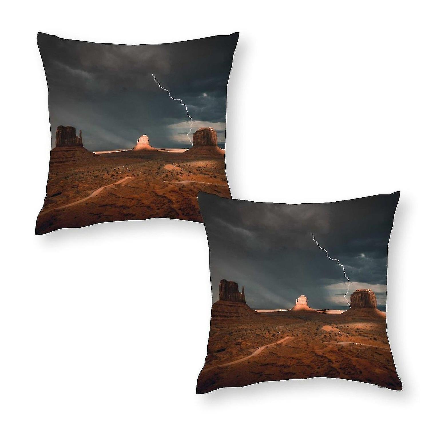 Brown landscape print pillowcase under gray sky
