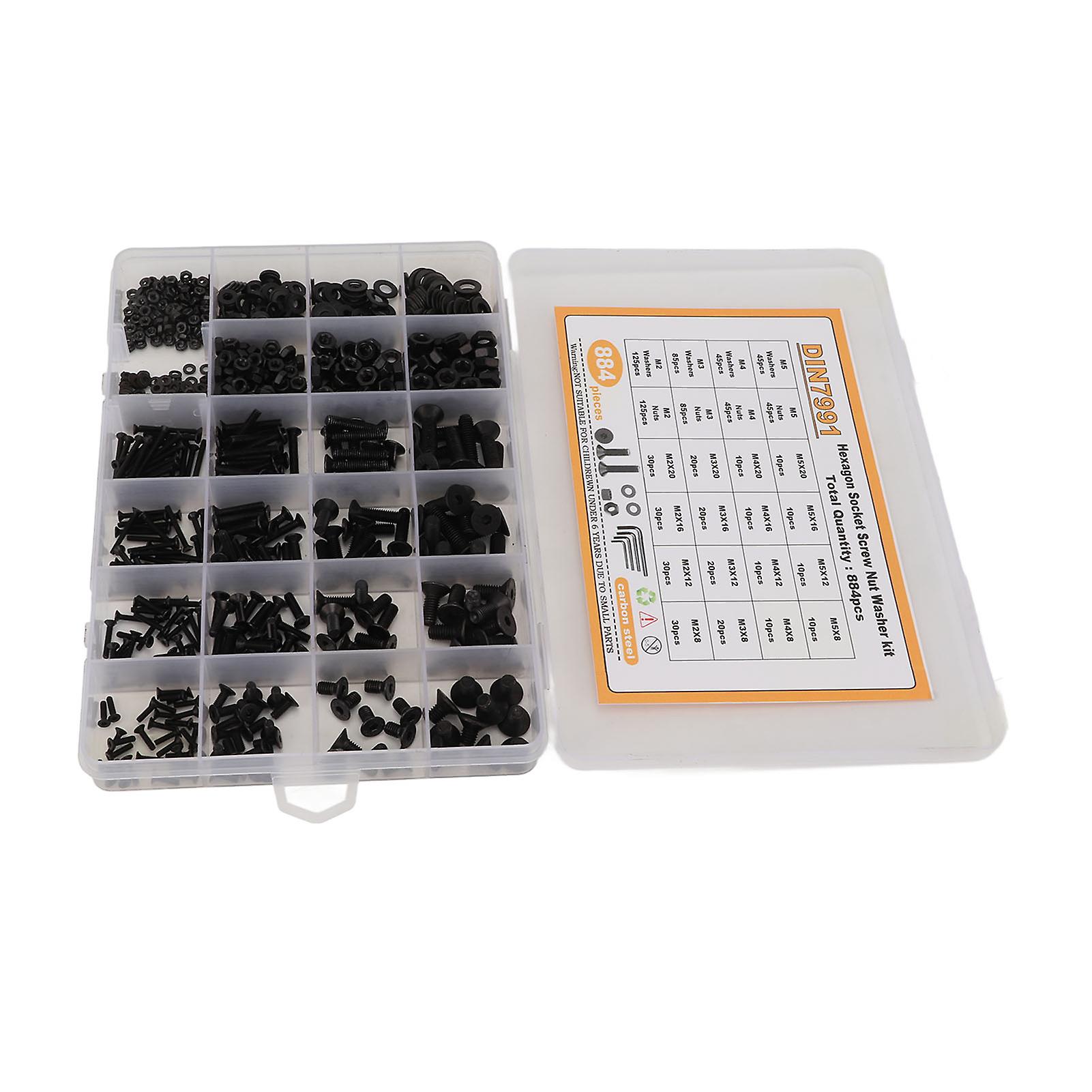 884PCS M2 M3 M4 M5 Carbon Steel Hex Socket Screw Nut Washer Kit with Storage Box Black 