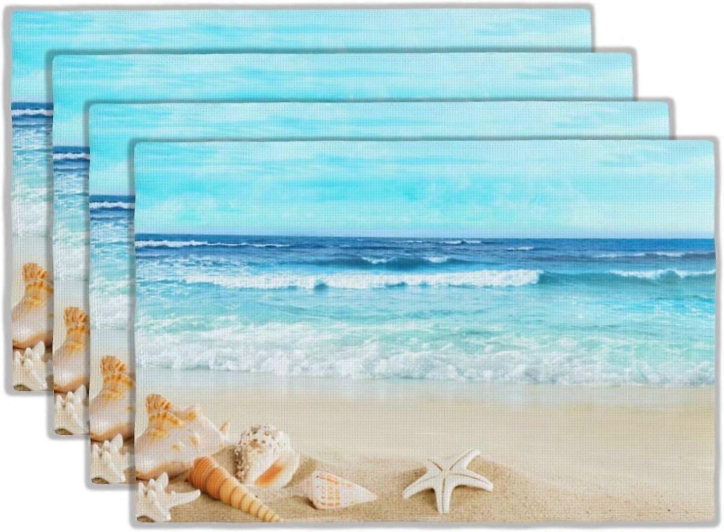 Beach Theme Placemats Set of 4 Summer Nautical Coastal Seashell Linen Washable Place Mats Rectangular Cloth Table Mat for Party Kitchen Dining Decorat