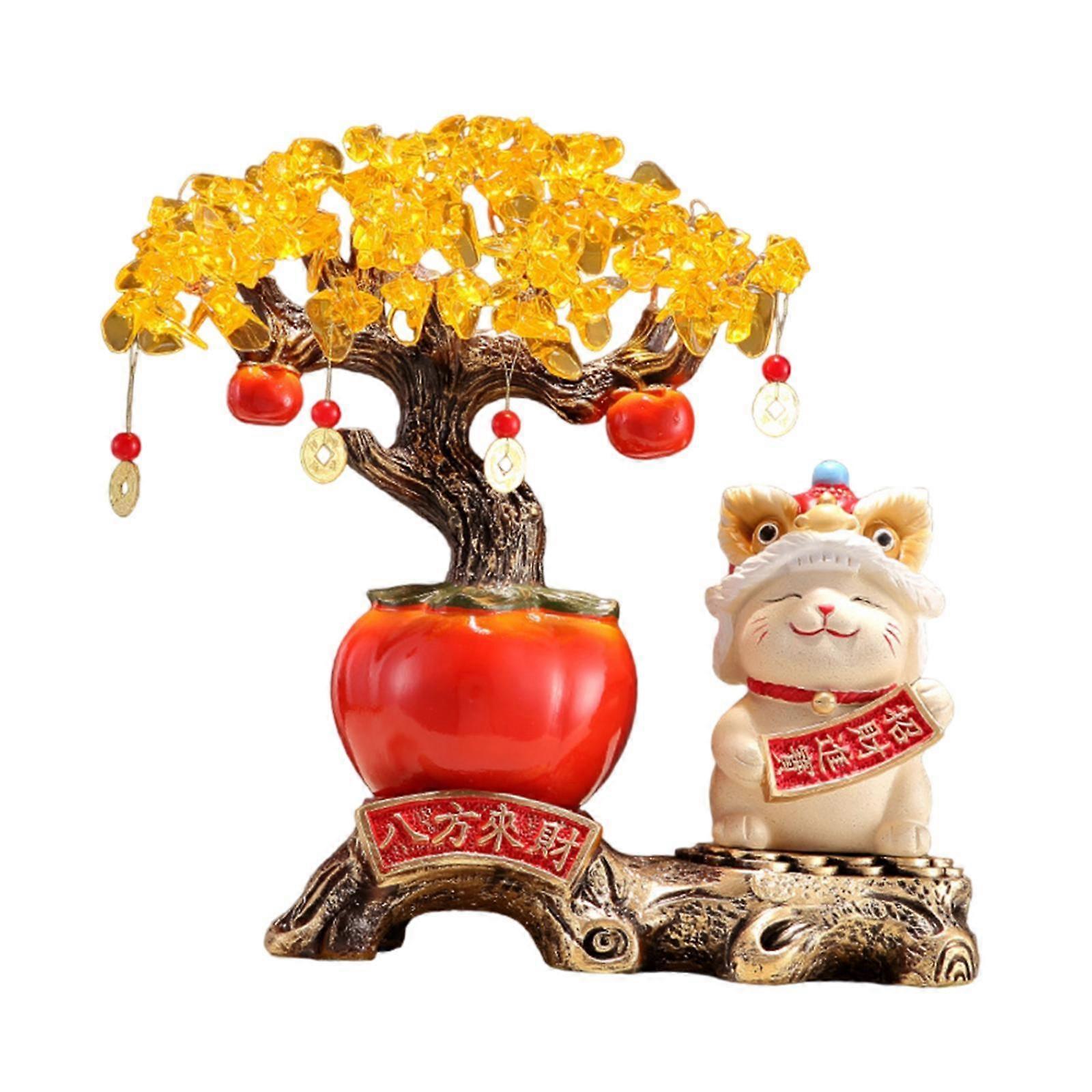 Fortune Tree Figurine Home Decoration for Housewarming Gift Bookcase Cabinet Lucky Cat Red Tree