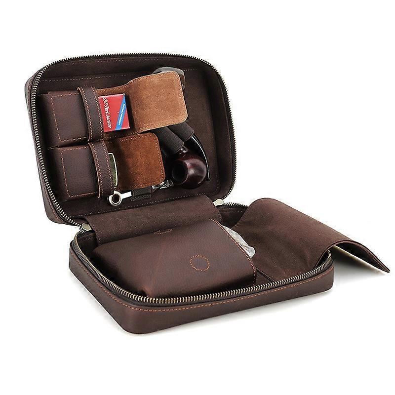 Cigar Case, Portable Pipe Bag Multifunctional Zipper Cowhide Pipe Storage Box