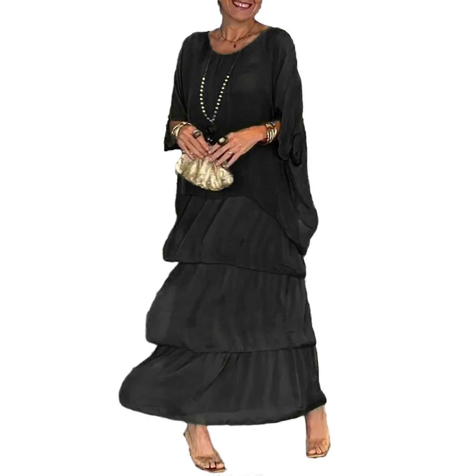 أزياء نسائية المرأة الأوروبية والأمريكية نمط جولة الرقبة الخفافيش الأكمام تنورة طويلة، 50٪ العرض