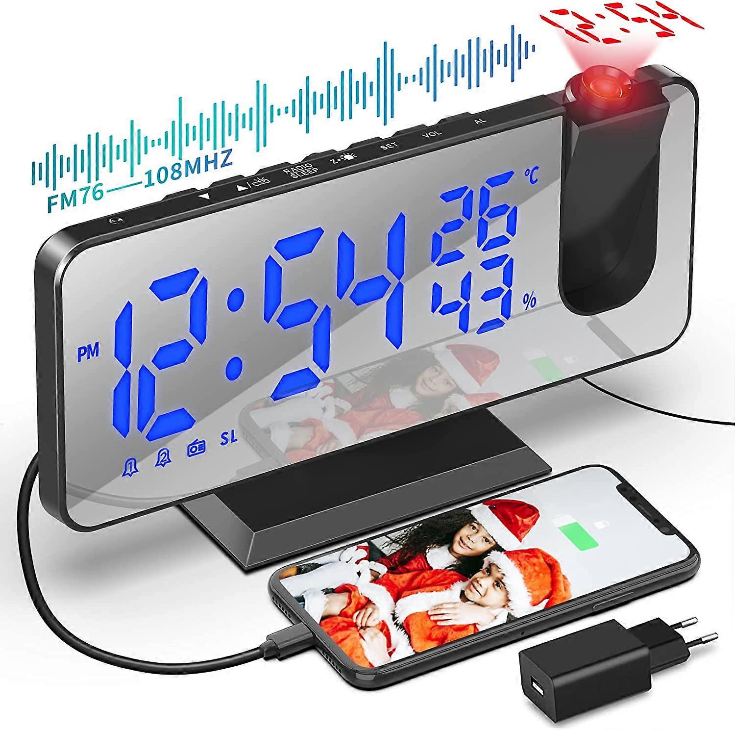 Ceiling Projector Alarm Clock, Mirror Alarm Clock Radio, with Temperature and USB Port, Dual Alarm Clock, 4 Adjustable LED Brightness, 15 Volume Morni