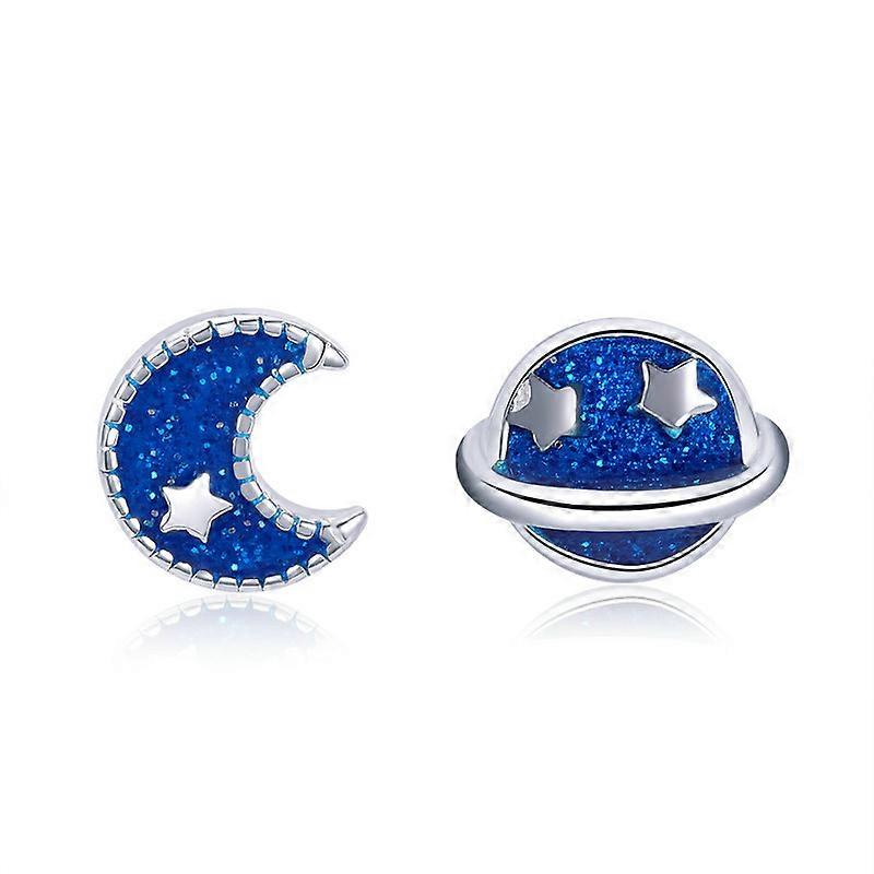 S925 Silver Blue Planet Moon Studs עגילים א-סימטריים קטנים ואמריקאים