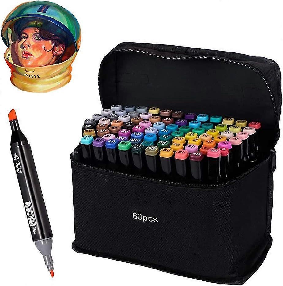 مجموعة علامات نصائح مزدوجة ، أقلام تحديد رسومية ، مجموعة علامات فنية دائمة من 80 لونا مع حقيبة حمل ، علامات مزدوجة للرسم والتصميم والرسم