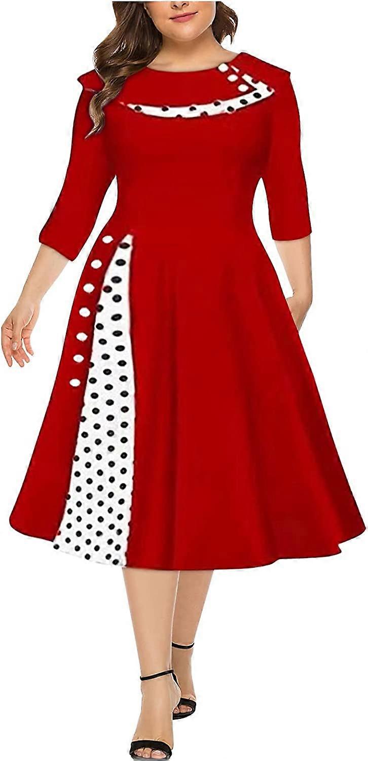 Damen Herbst Kleidung Mode Retro Langarm Rundhalsausschnitt Einfarbig Punkt Taille Swing Kleid S-2XL