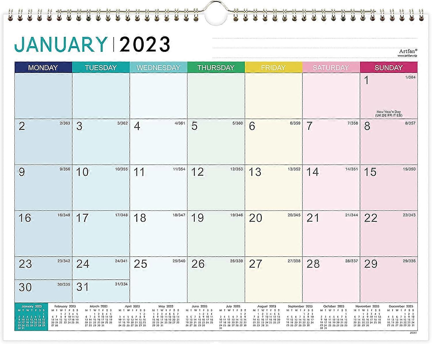 2023 Calendar -  Wall Calendar 2023 Starts Monday,Double Binding Hook Large Mixed Color Right Angle Bloc