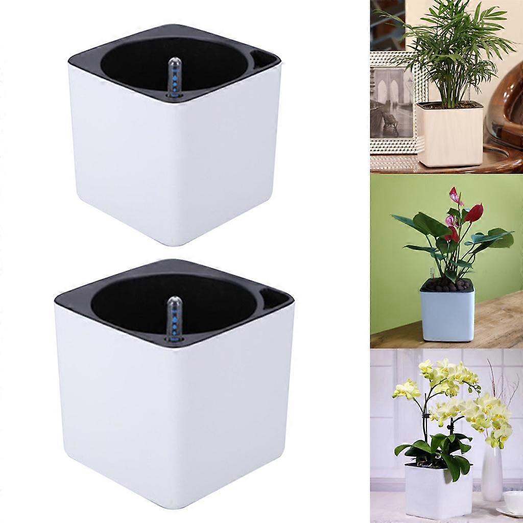 2pcs White Plastic Flower Pots Plant Containers With Water Level Indicator