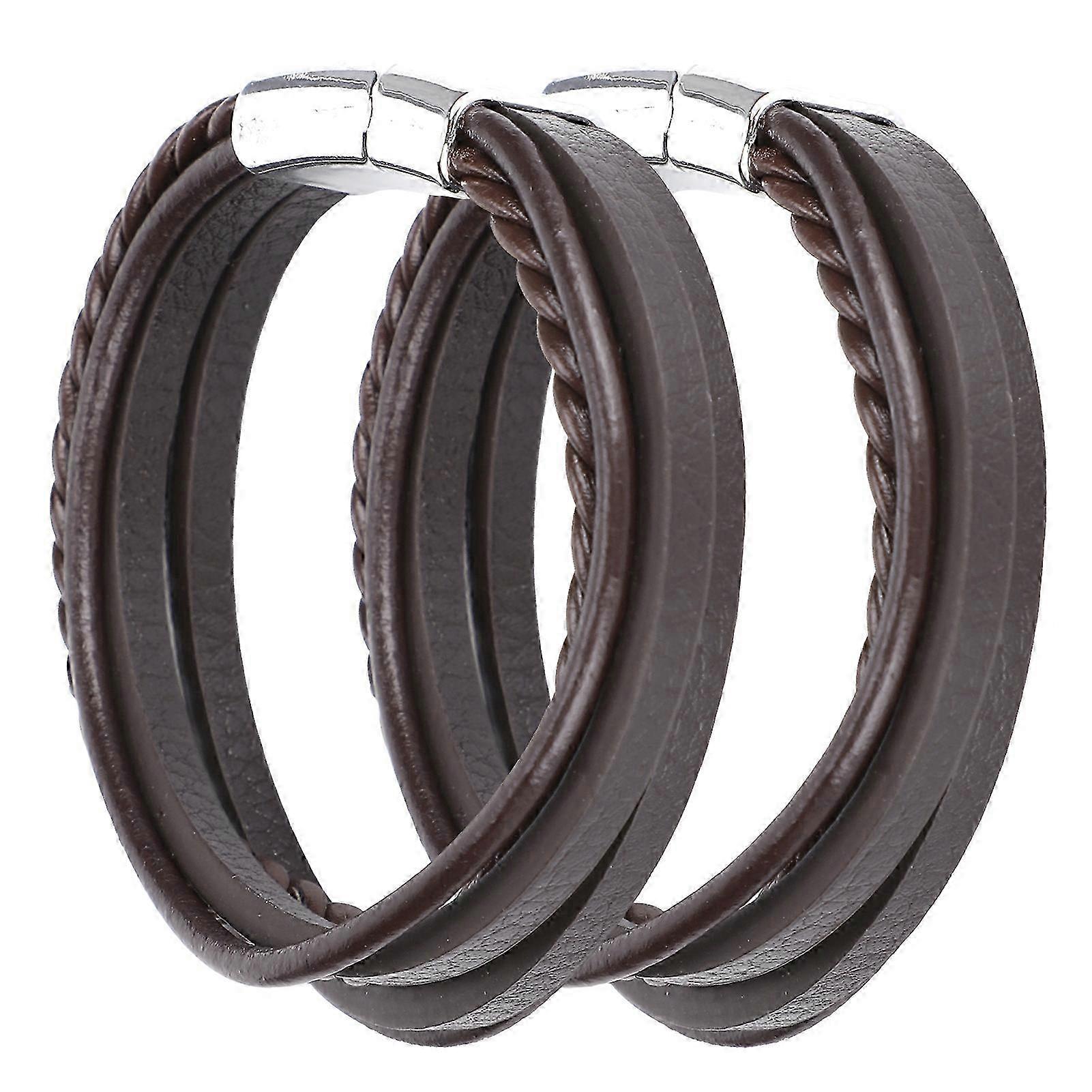Casual PU Leather Bracelet Set with Woven Design and Magnet Clasp in Brown