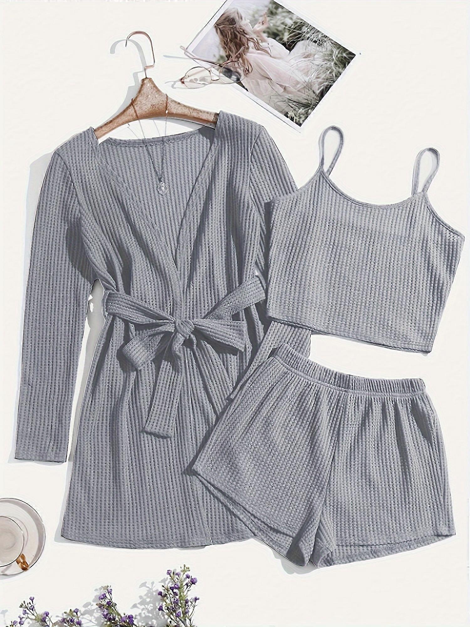 New style Casual Solid Waffle Lounge Set, Long Sleeve Belted Robe & Crew Neck Backless Crop Cami Top & Elastic Shorts, Women's Sleepwear & Loungewear