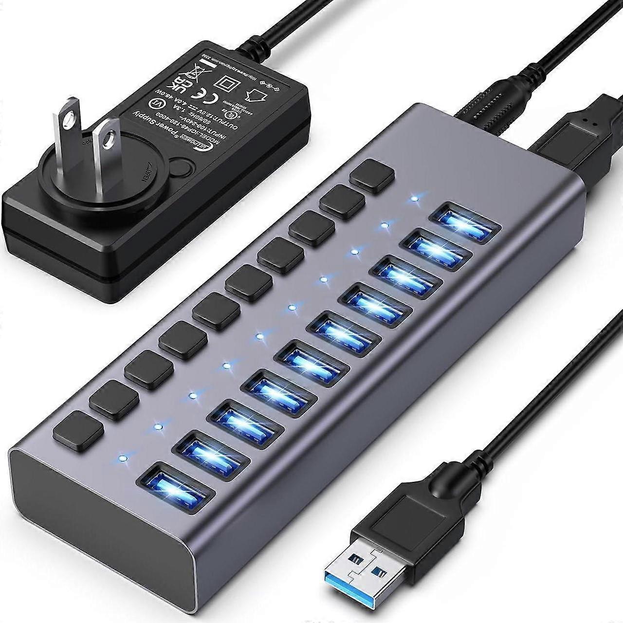 電源付きUSBハブ、10Gbpsデータ速度の10ポートUSB 3.1ハブ、個別のオン/オフスイッチ、12V4A 48W電源アダプター、MacBook、Mac用のUSBハブ3.1電源