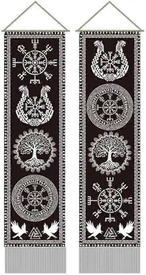 2Pcs Viking Symbol Tapestry Tree of Life Rune Long Vertical Tapestry Wall Hanging Mythology Rune Tassel Wall Tapestry Mystic Aesthetic Tapestry for Be