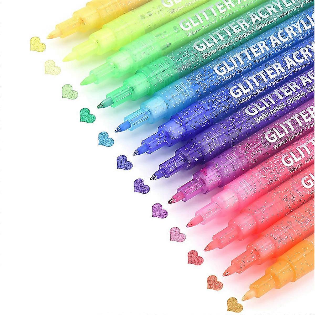 Glitter Paint Pens, 12 Colors Self-Outline Metallic Markers, Fine Point Tip Water-Based Ink DIY Cra