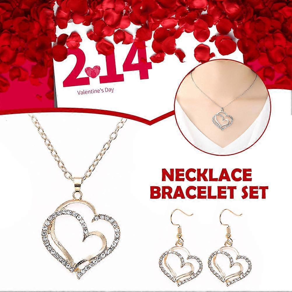 女性ローズゴールドシルバーダブルハート型ネックレスイヤリングレディースジュエリー