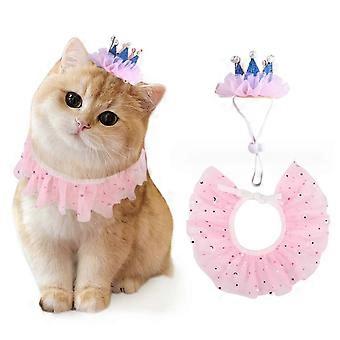 Pet Birthday Lace Crown Accessories, Adjustable Princess Neck Collar Set Pink For Small Cats
