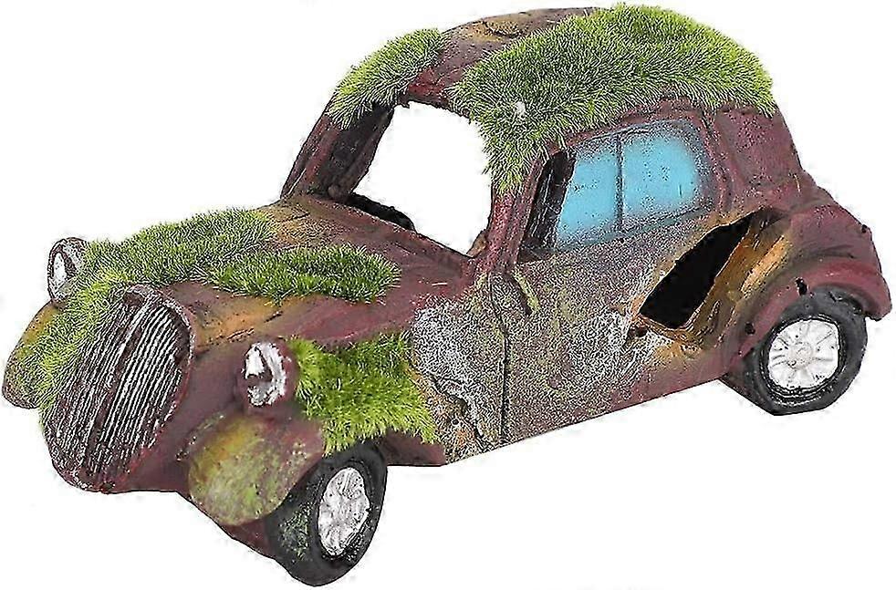 Aquarium Ornament, Artificial Simulation Resin Vintage Flocking Car Aquarium Ornament Fish Tank Hide