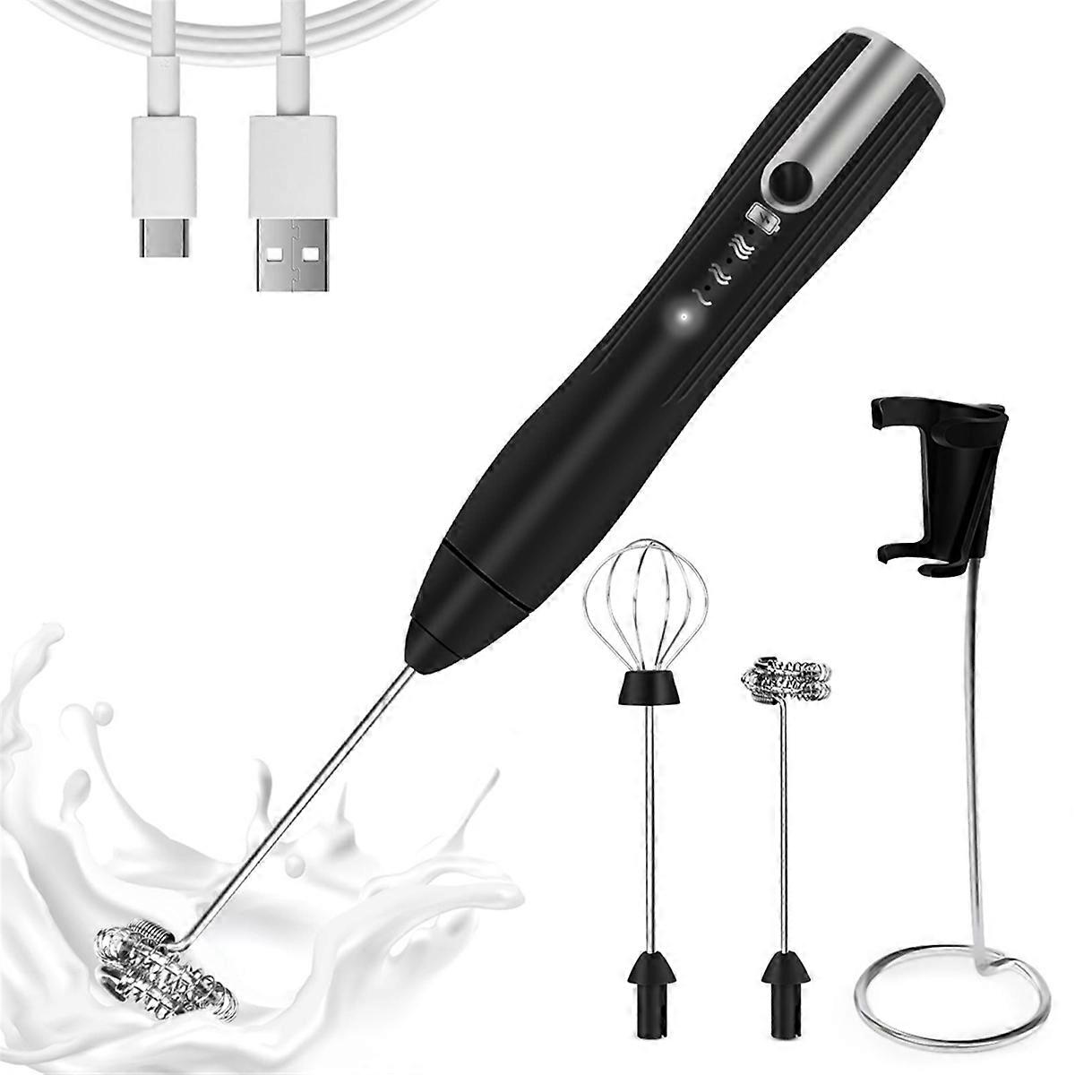 Rechargeable Milk Frother Handheld with 3 Speeds, Black