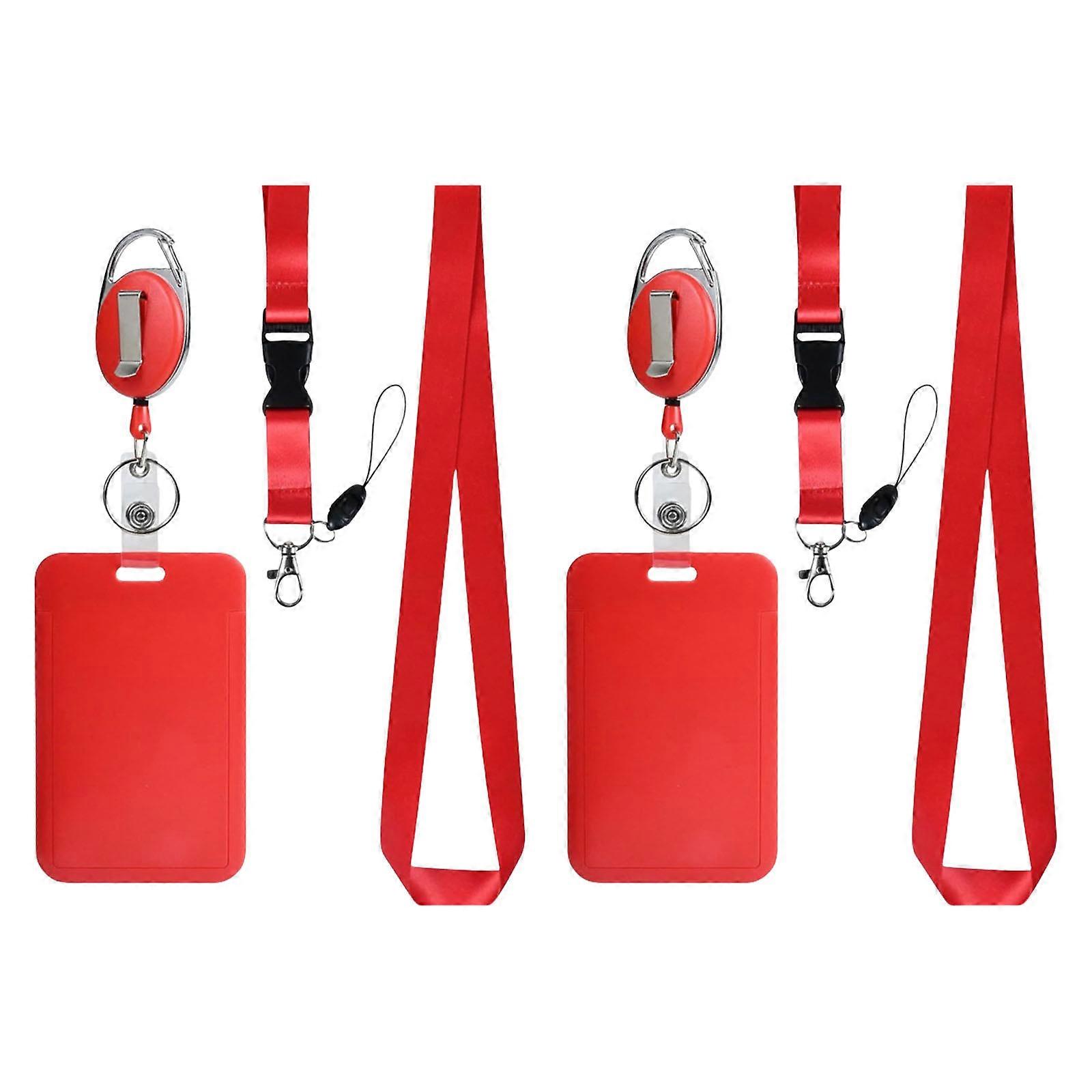 2Set Porta-crachá com clips de crachá retrátil Carretel de crachá retrátil resistente Chaveiro porta-cartões de identificação Cordão vermelho