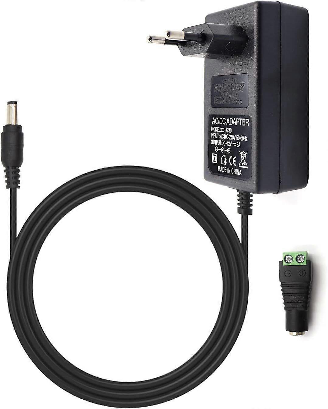 Power supply 12V 3A adapter 36W transformer, suitable for LED light strips EU plug, suitable for COB 3528/5050 SMD LED light strips, AC100-240V power