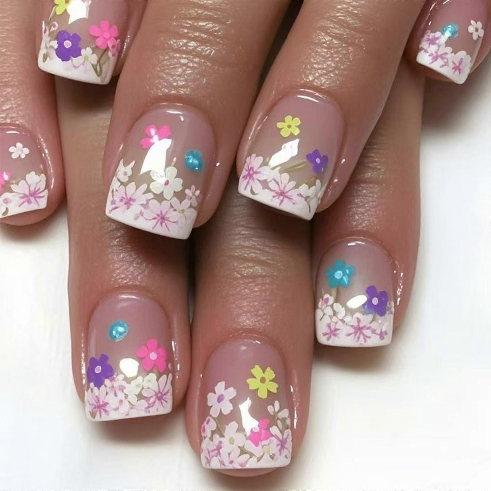 ネイルフラワーの24ピースミディアムスクエアスティックフルカバー偽のネイルサマープレスオンネイルマニキュア用品女性用