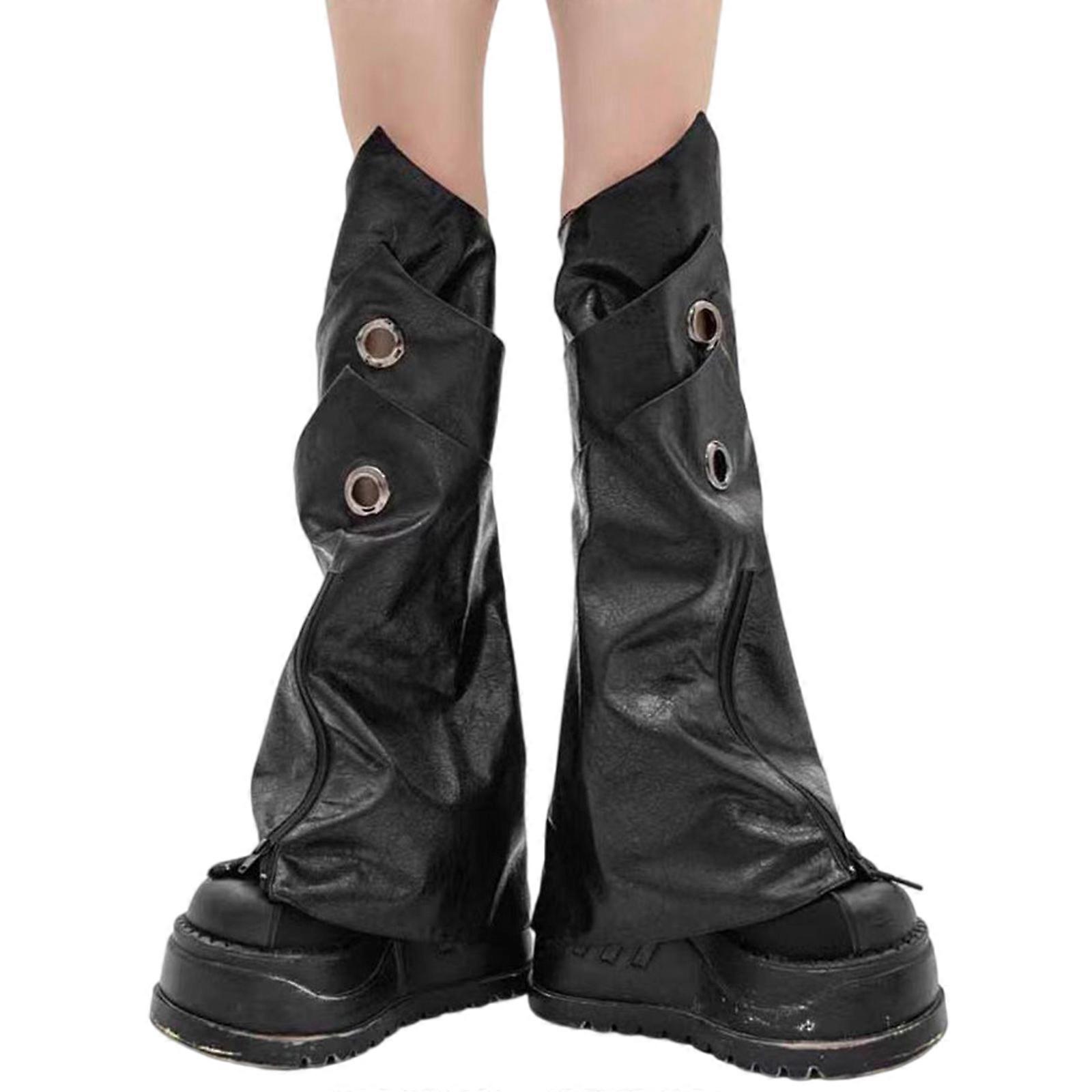 女性原宿サブカルチャーアーマーフェイクレザーレッグウォーマーゴシックパンクジッパーフレアブーツカバーロングソックスストリートウェア