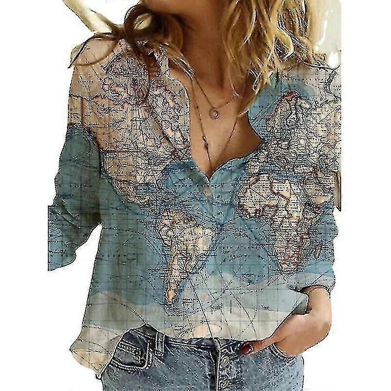 Chemisier uni en coton et lin avec motif carte du monde pour femme, haut ample à manches longues