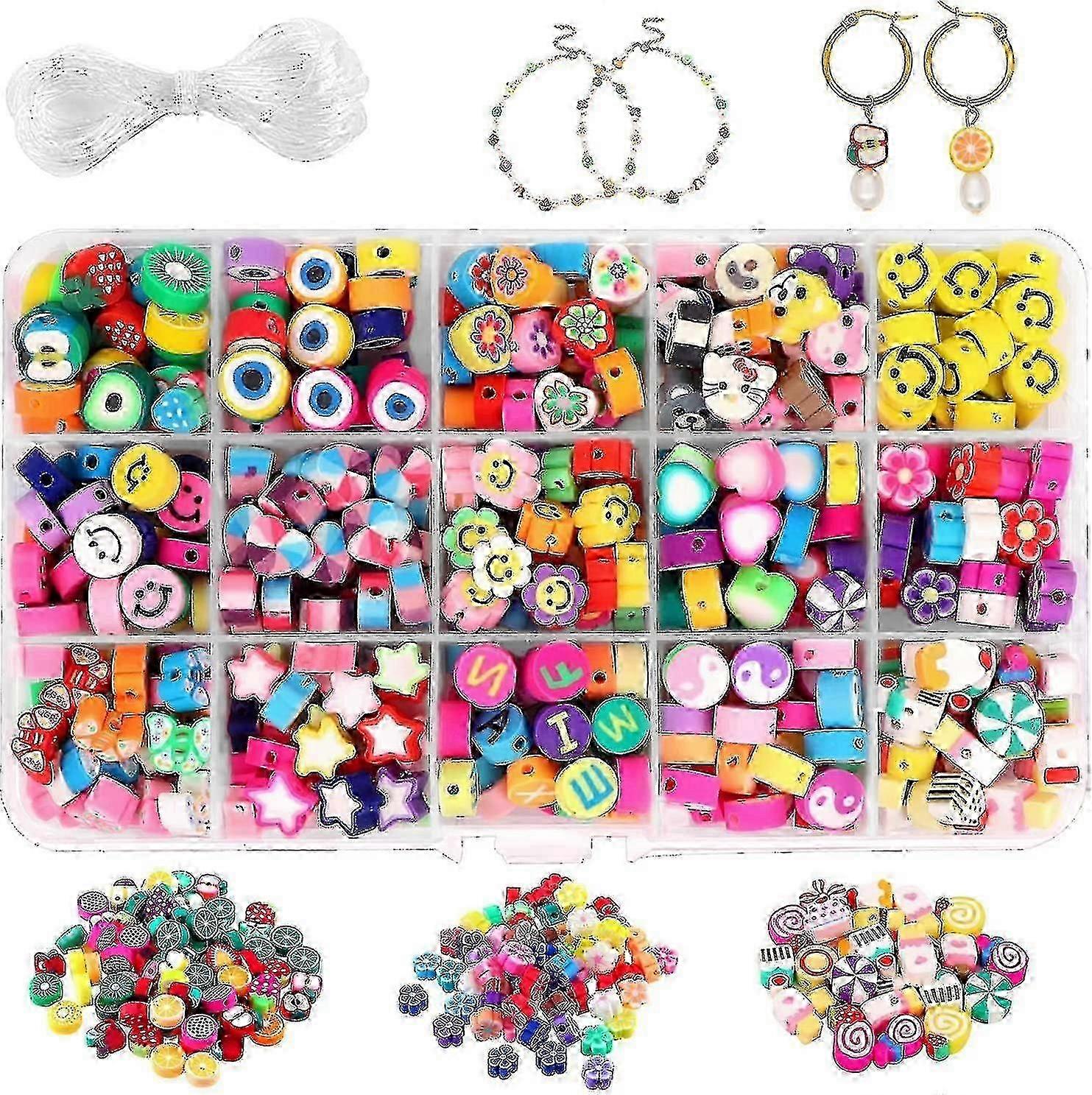 300pcs Handmade Polymer Clay Beads with 15 Styles of Flower and Letter Designs, Soft Beads for Creative Crafts