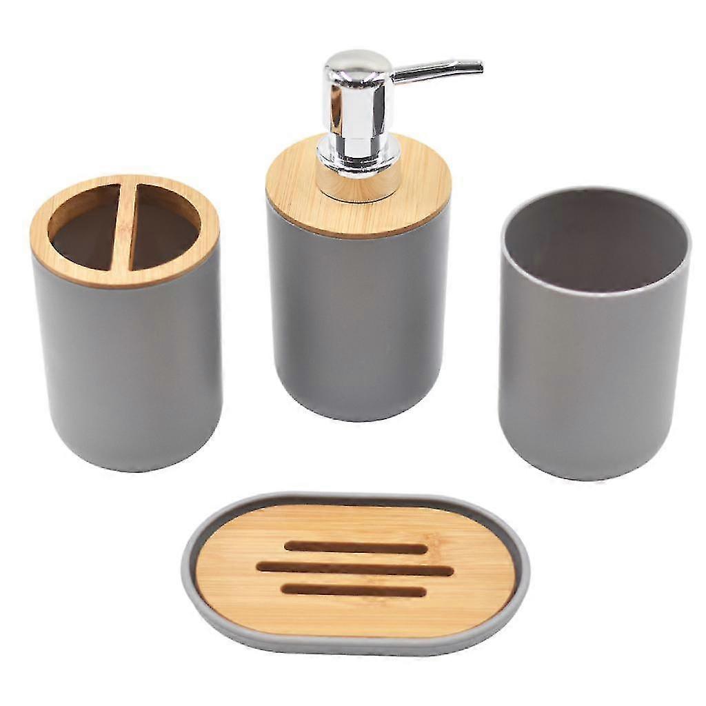 Gray Plastic & Wood Toothbrush Cup Set - Bathroom Organization