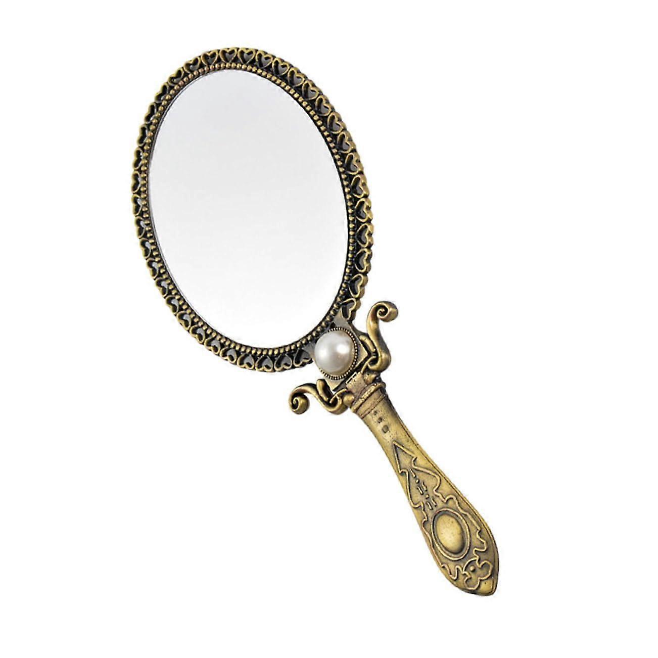 Oval Hand Mirror with Handle, Vintage Makeup Mirror, Compact Table Mirror in Zinc Alloy, Lighted Vanity Mirror Fashion Accessory