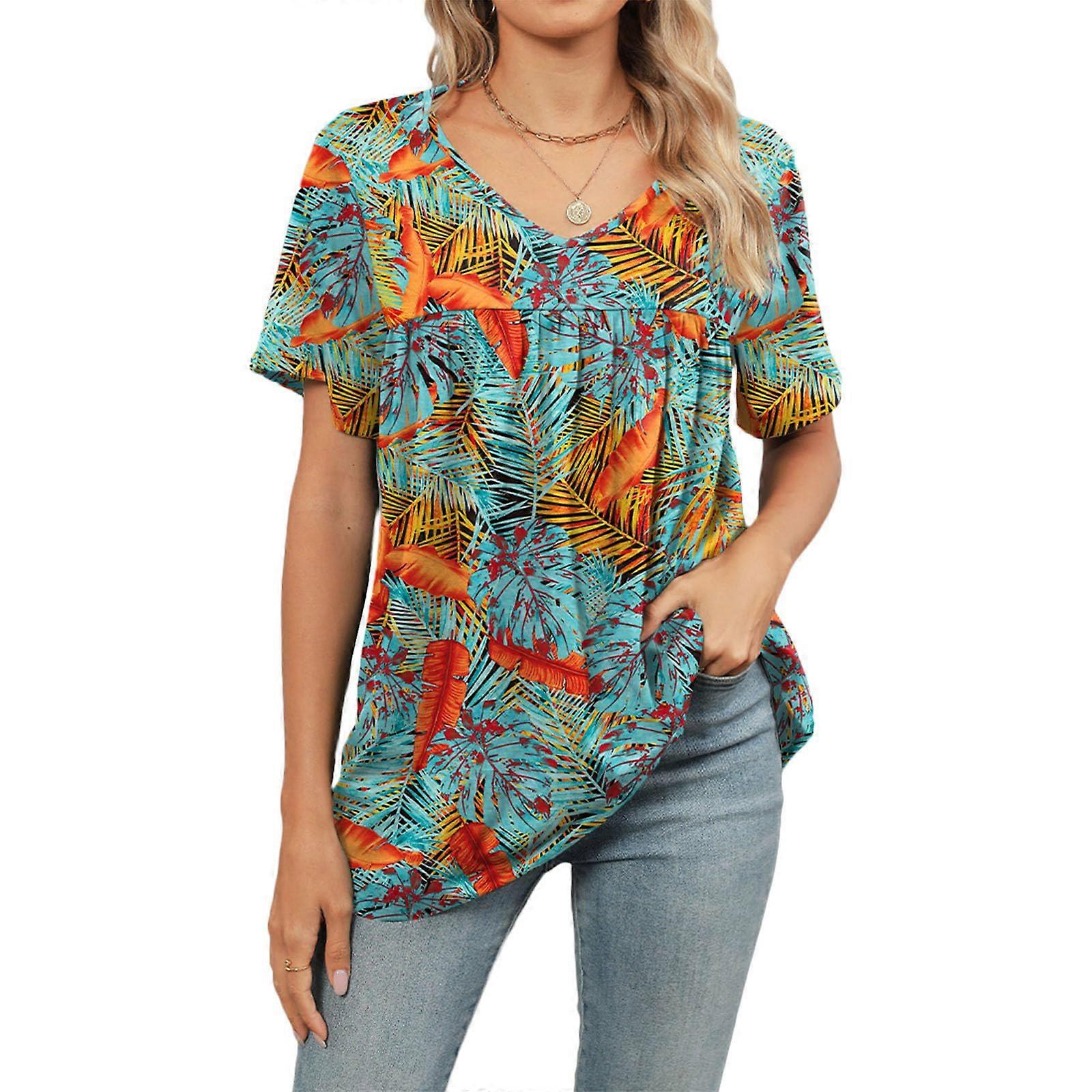 Ladies V-Neck T-Shirt with Floral Print, Short Sleeves, Ruffle Design, Loose Fit, Flowing Tunic Top Size L