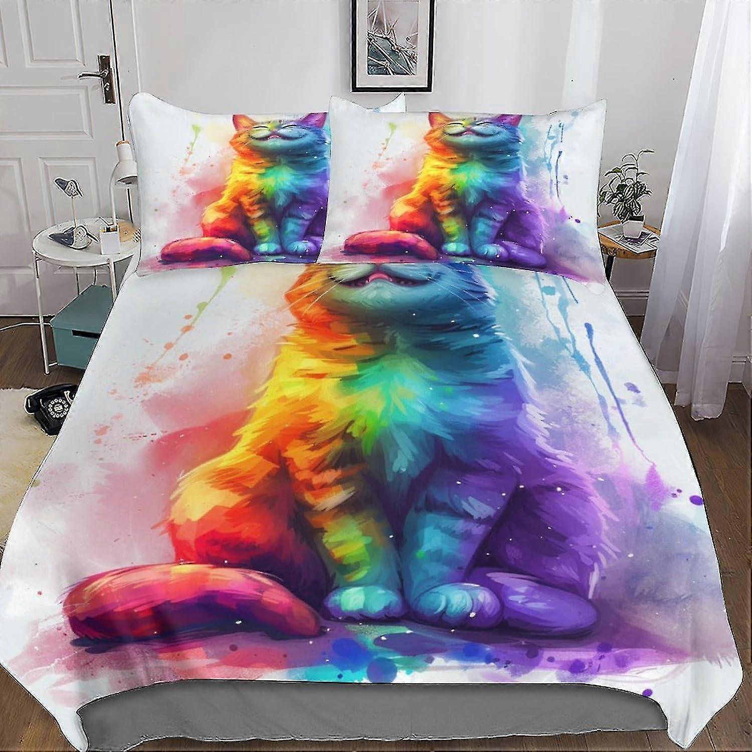 Colorful Cat 3D Print Quilt Cover 3PC Bedding Set with Microfiber, Hidden Zipper Closure, and Pillowcases for Boys