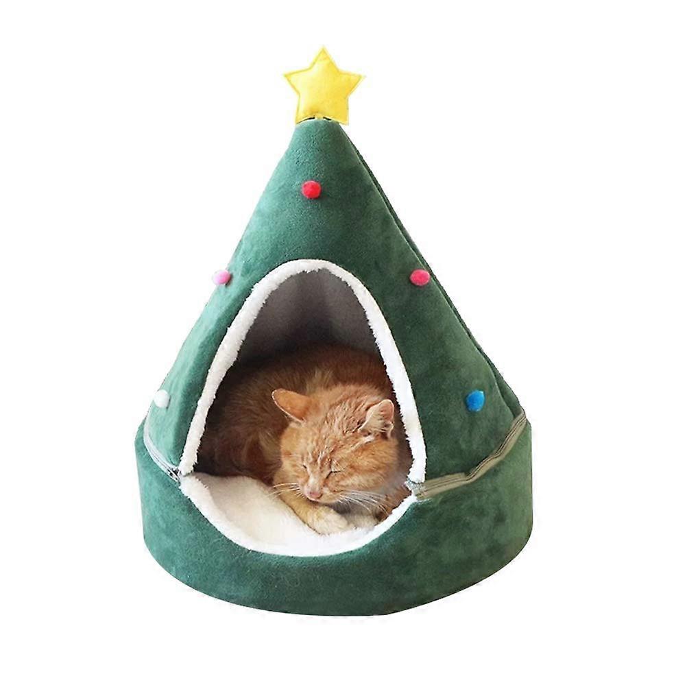 Cat House with Christmas Tree - Cozy Triangular Cat Nest, Creative Green Pet Yurt for Cats and Kittens, Small Size