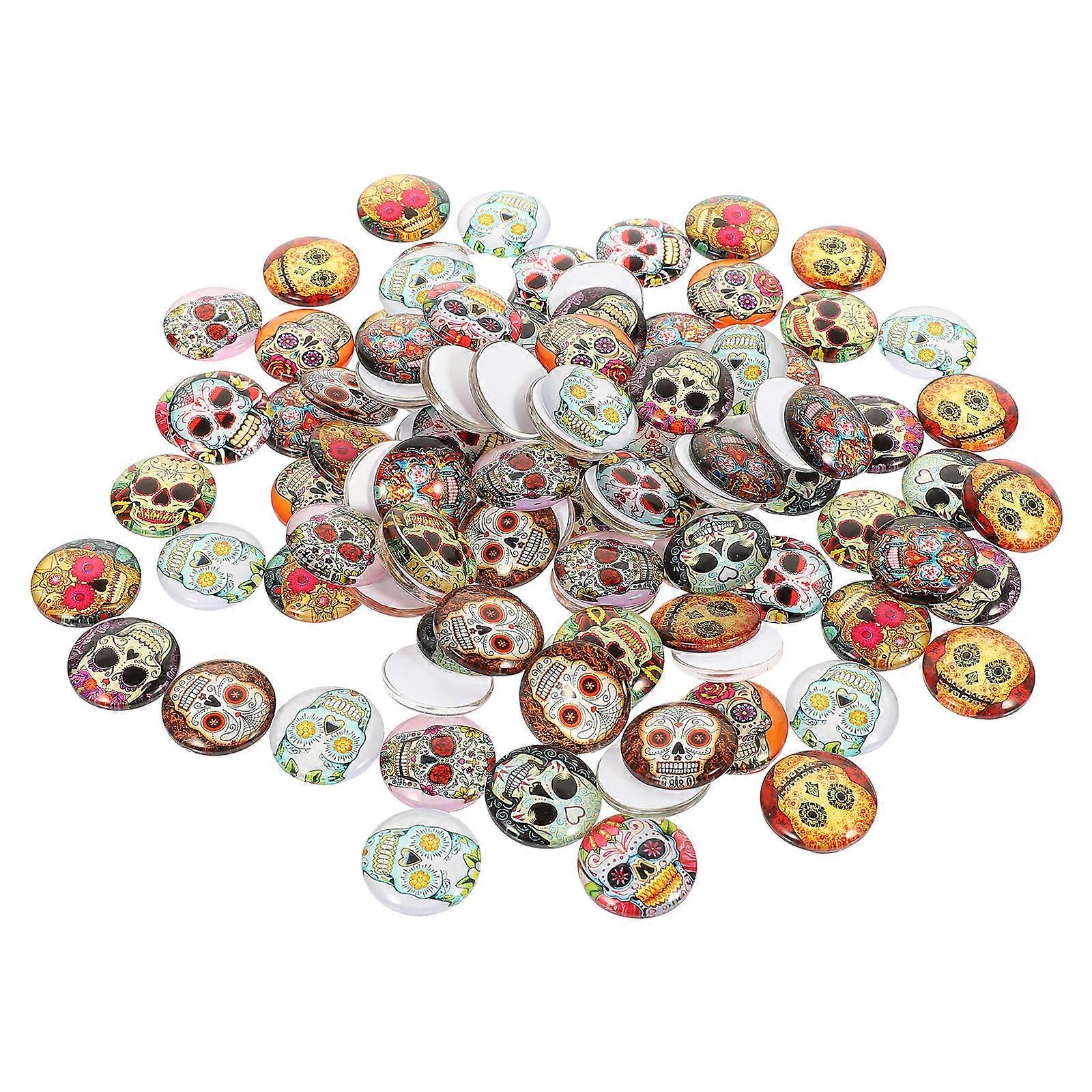 100Pcs Round Skull Pattern Gemstone Cabochons Assorted Color Ideal For Halloween DIY Crafts Projects