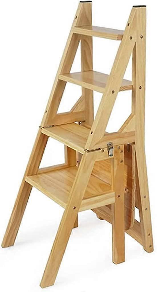 Wooden Step Stool Foldable Portable Ladder Chair For Home Library, 4 Steps, Sturdy And Space Saving