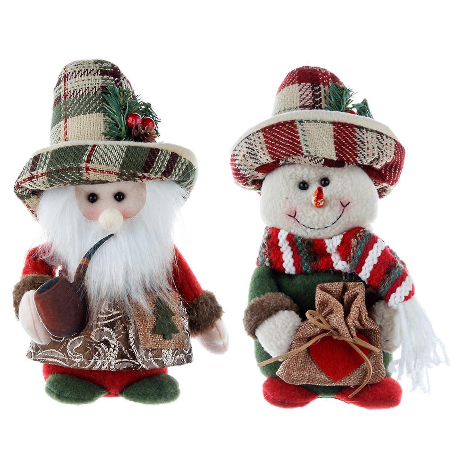 Set of 2 Handcrafted Santa Claus and Snowman Plush Puppets with Vintage Checkered Figures for Christmas Desktop Decoration
