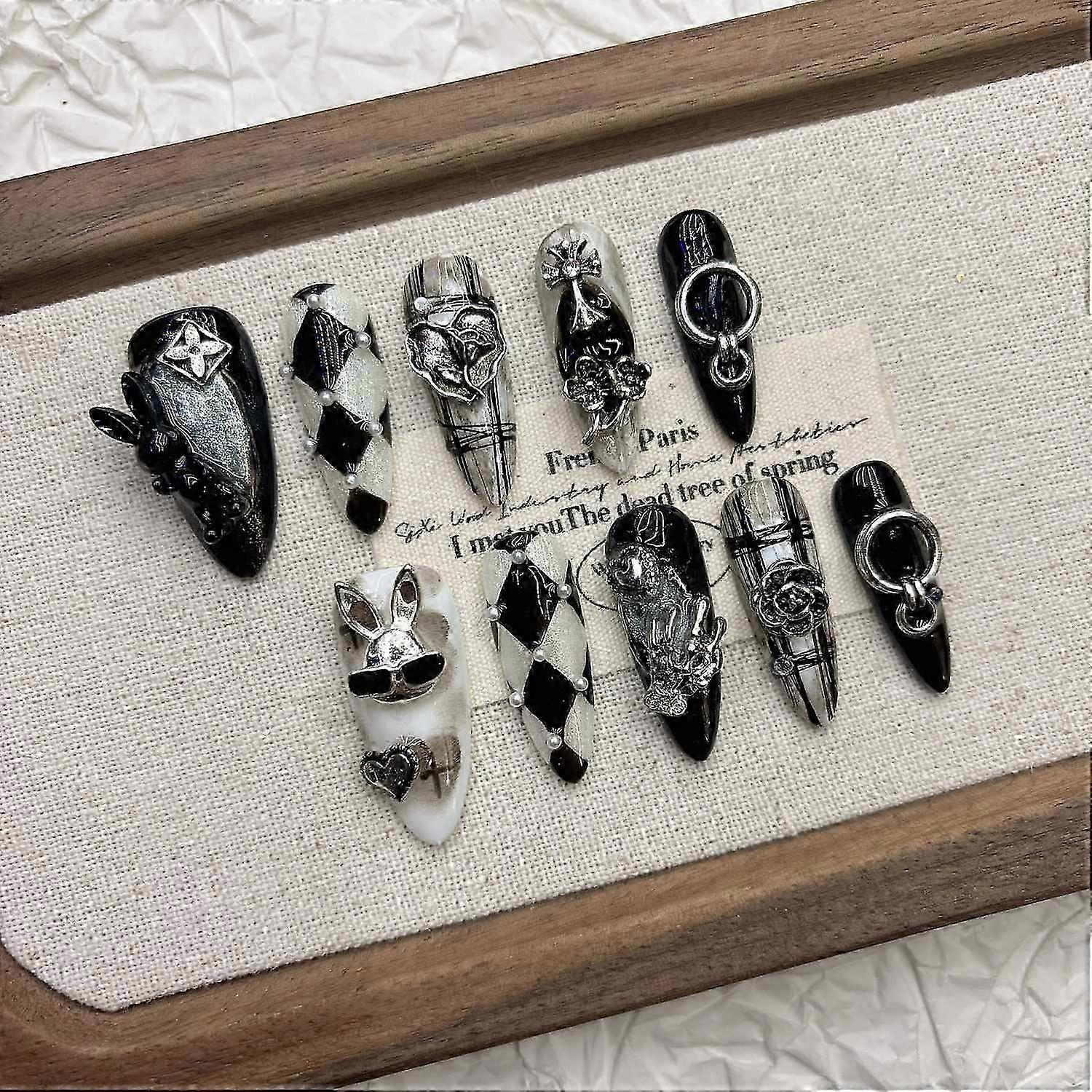 Dark Rabbit Press on Nails Handmade Armor Long Pointed False Nails