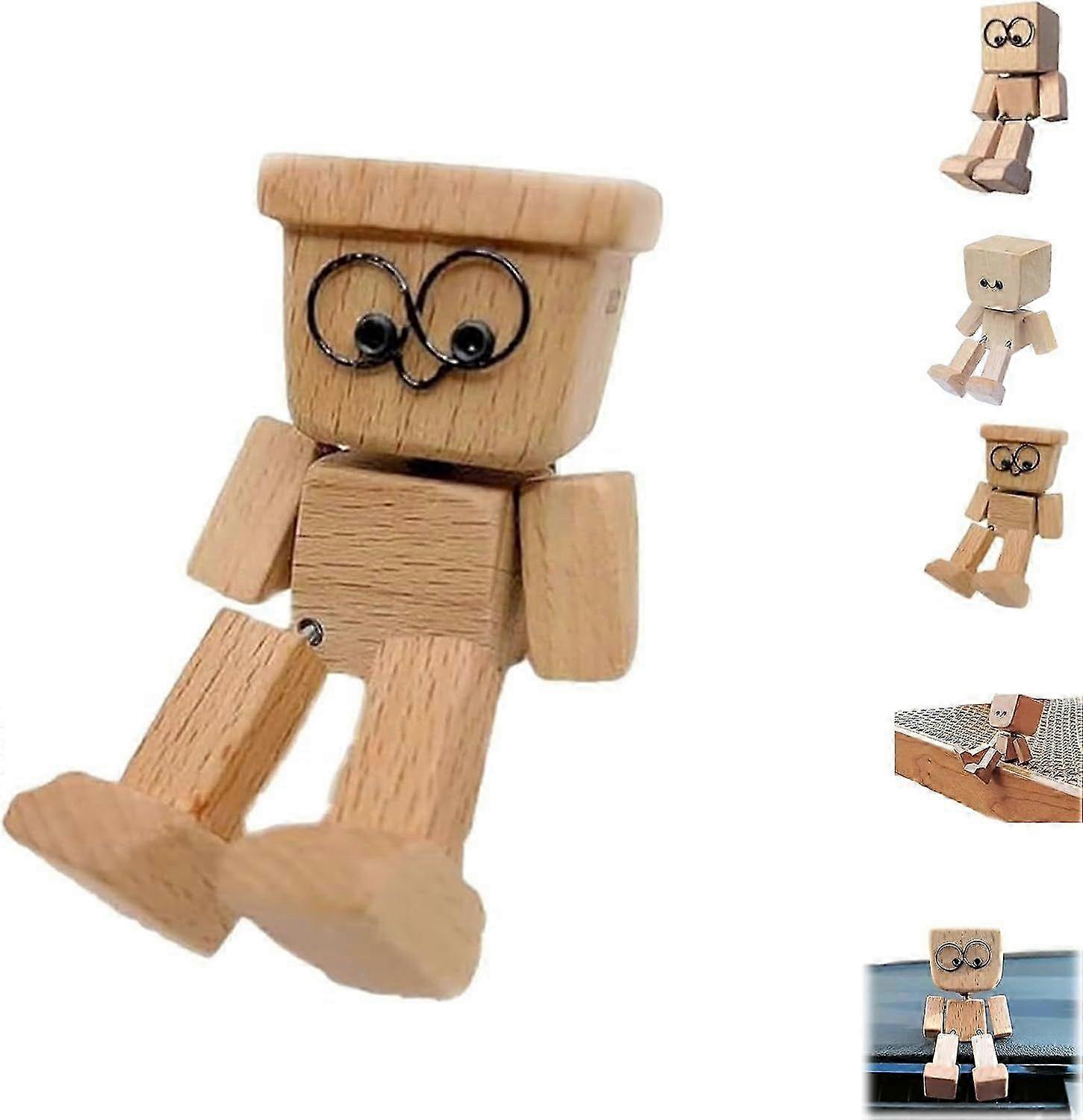 2025 Charming Little Wooden Figure That Sways with 12pcs Magnetic Expressions, Funny Shaking Feet Wooden Man Figure, Cute Car Dashboard Ornaments