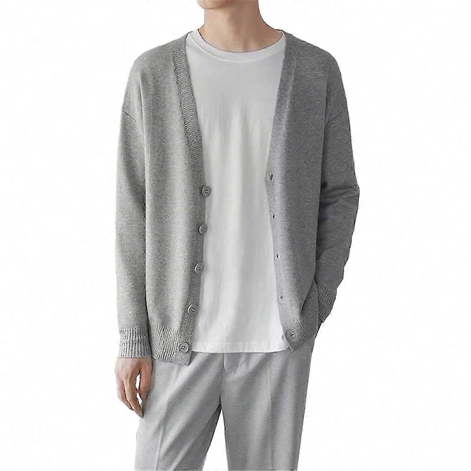 Herren Strickjacke mit V-Ausschnitt Einfarbige Strickpullover mit Knopfleiste Strickjacke Herren Freizeitpullover Strickjacke Hellgrau XL