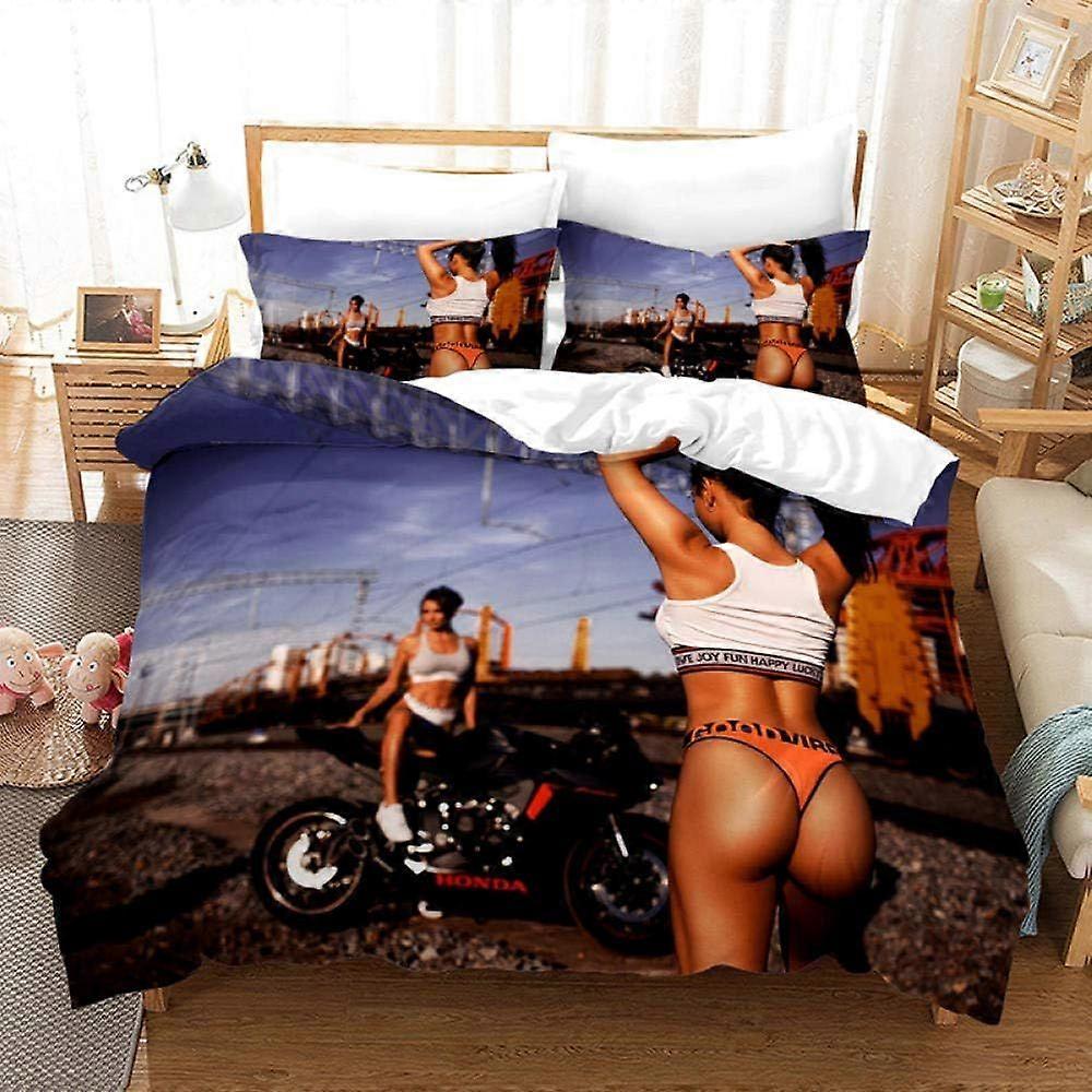 d569 3D Bedding Set Duvet Cover Set King Beautiful Rider On Motorcycle Airport With Microfiber Pillowcases & Zipper Closure Quilt Case Printed Effect