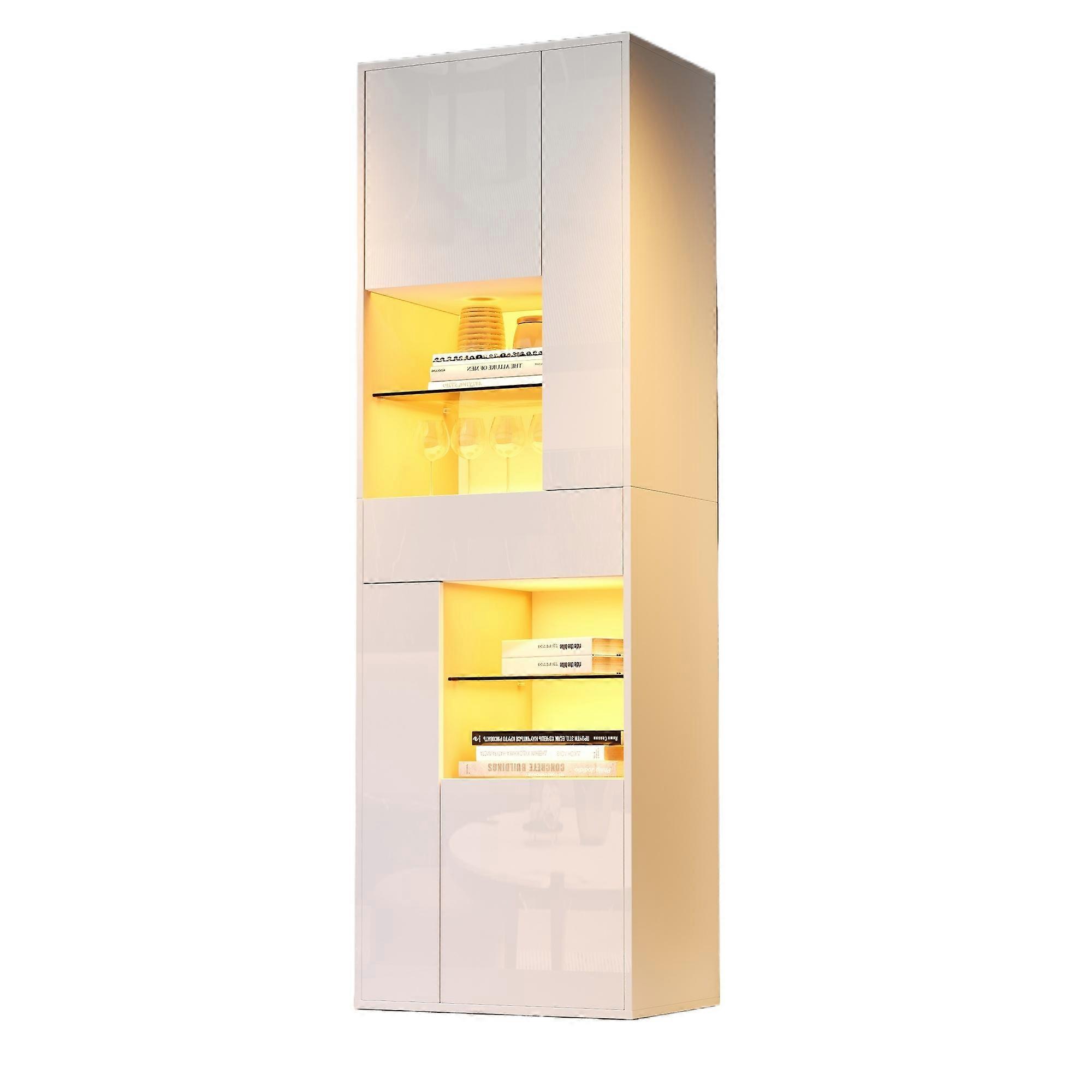 White High Gloss Display Cabinet 55cm LED 1 Drawer 4 Doors Media Storage