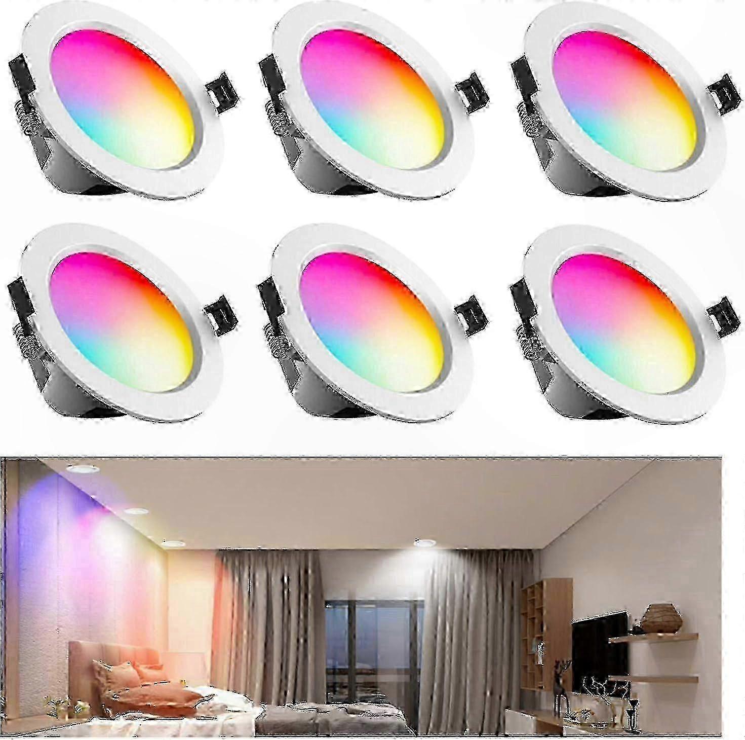 Lot de 6 spots LED encastrables à intensité variable RVB + CCT 10 W 800 lm Bluetooth pour salon