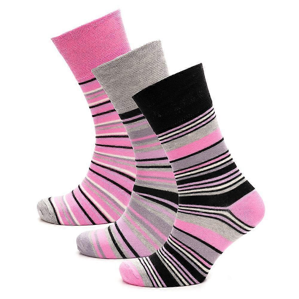 Ladies 3 Pack Bamboo Socks Non Elastic Heel & Toe Design Striped & Spotty Socks