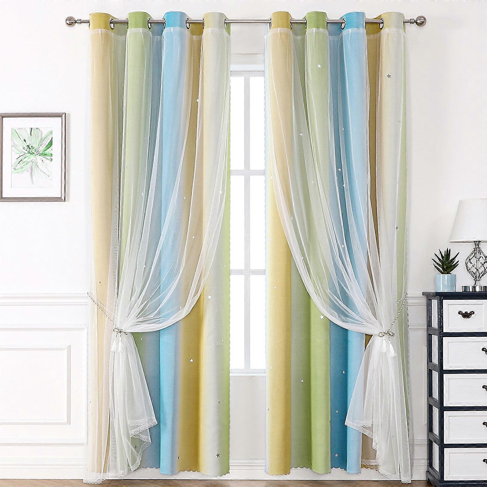 Blackout Curtains with Sheer Overlay, Grommet Thermal Insulated Privacy Match Double Layer Room Darkening Curtains with Tiebacks for Bedroom, Living