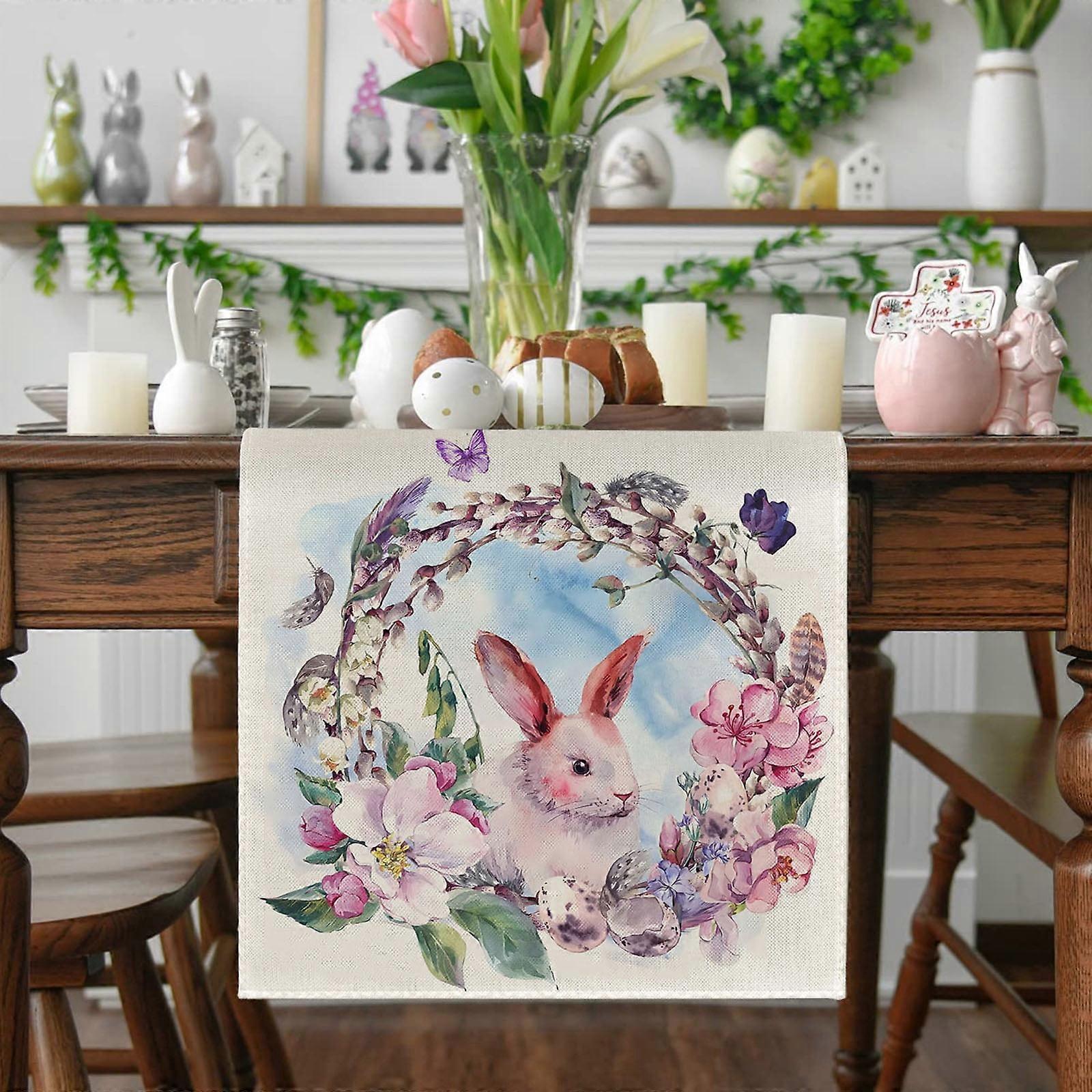 Giyblacko Decorative Table BannerEaster Table Flag Digital Printing Linen Table Mat Rabbit Eggs Party Adornment Tablecloth