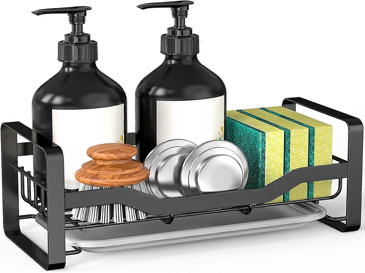 Kitchen Sink Caddy Sponge Holder, Organizer for Soap Brush Dispenser with Removable Drain Tray
