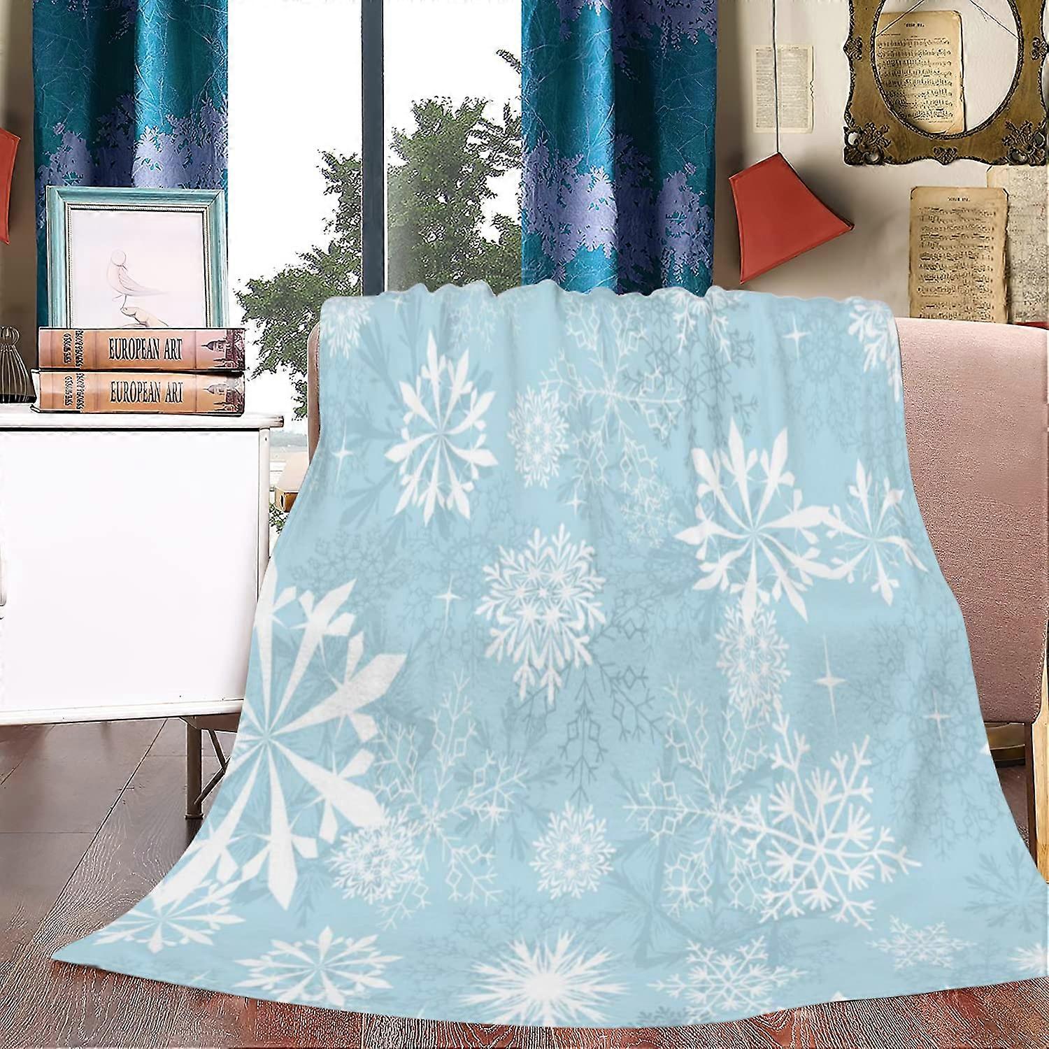 Christmas Fleece Throw Blanket Blue Snowflake Soft Warm Cozy for Couch Sofa 60x80 Inches