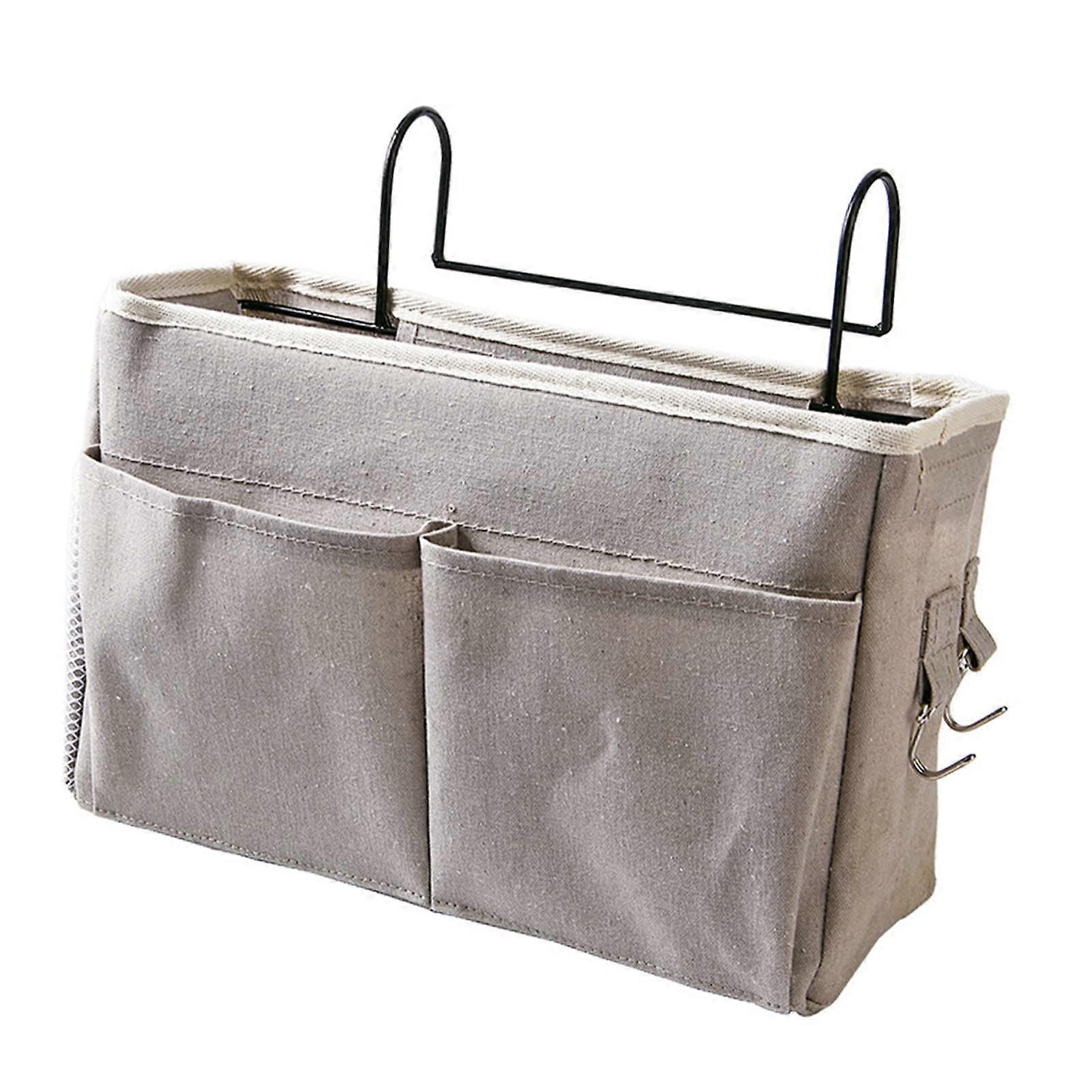 Nightstand Hanging Bag Cotton Linen Bedside Organizer For Bunk Beds And Dorm Rooms With Hooks Grey