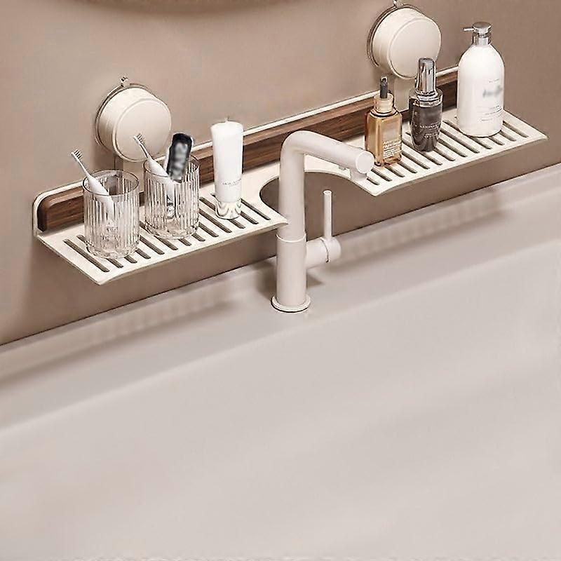 Bathroom Suction Shelf Walnut No Drill Wall Mounted Organizer with Suction Cups 50cm White